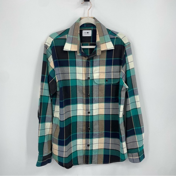 NN07 22.1 Alpha Plaid Shirt Size L green blue cream button down shirt - Picture 2 of 11